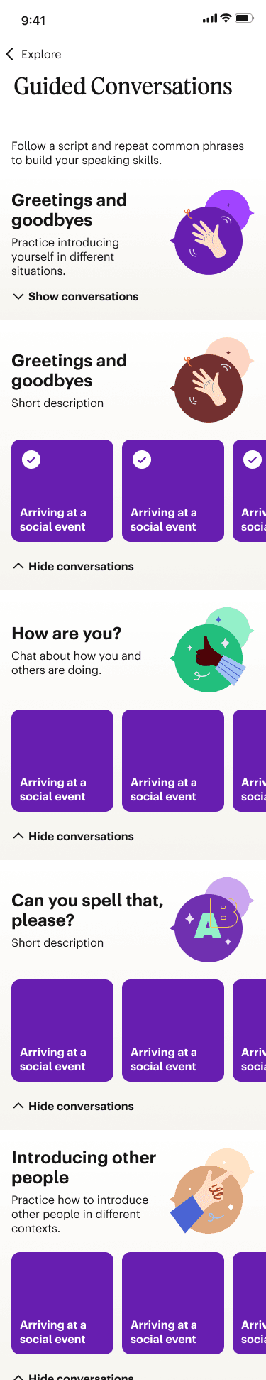 Scenario selector: guided conversations library organized by topic