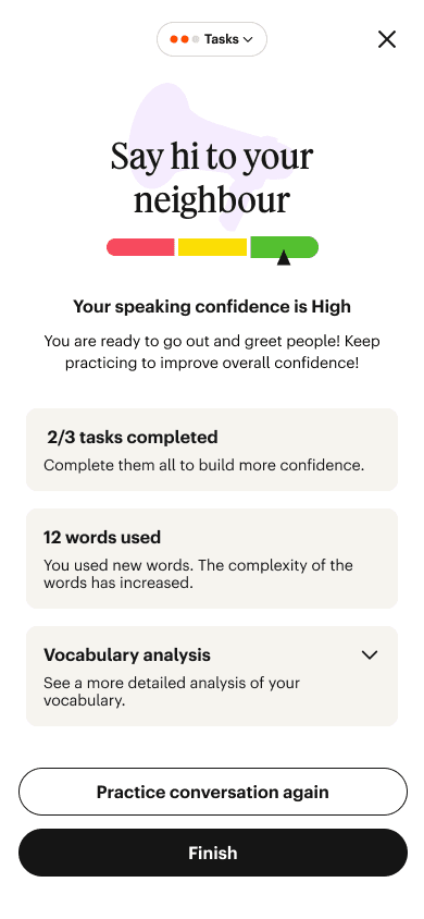 Feedback screen showing speaking confidence level, tasks completed, and vocabulary analysis