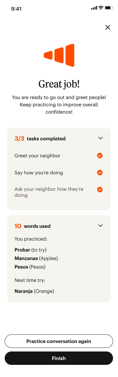 After: post-conversation summary screen with encouraging feedback
