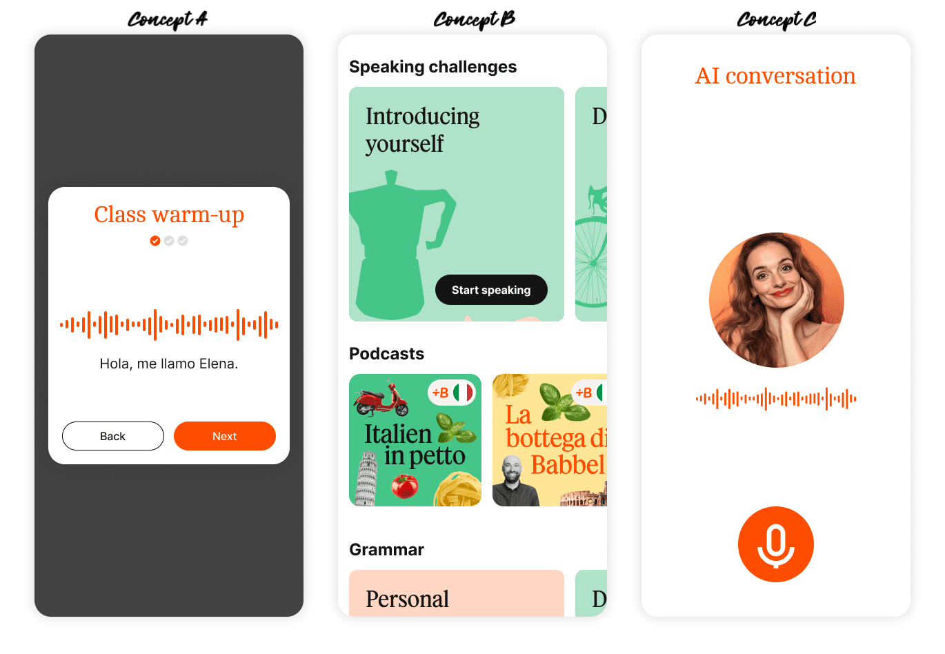 Three concept directions explored: Class warm-up, Speaking challenges, and AI conversation