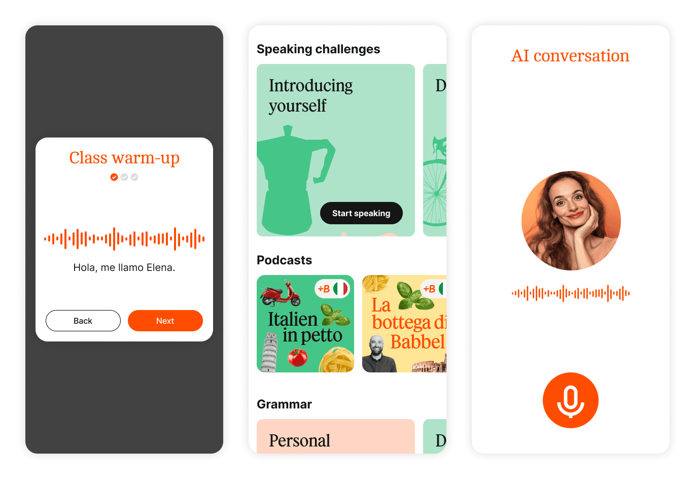 Three concept directions explored: Class warm-up, Speaking challenges, and AI conversation