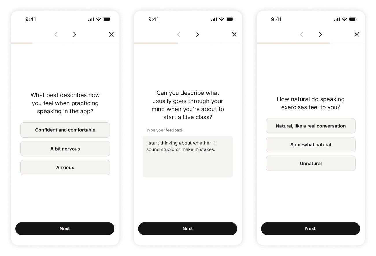 Survey screen mockups showing questions about speaking anxiety levels and emotional blockers
